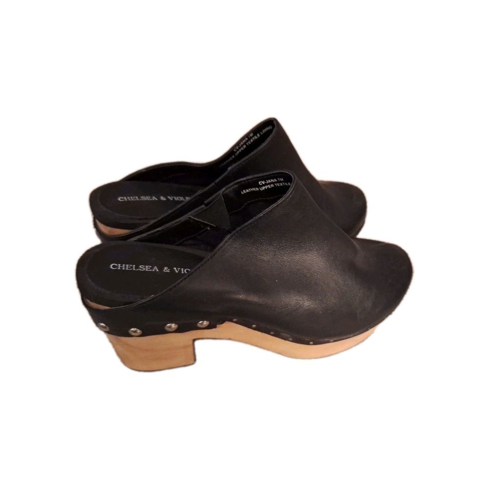 CHELSEA & VIOLET‎ (7) Black Wooden Clog Platform Leather Upper